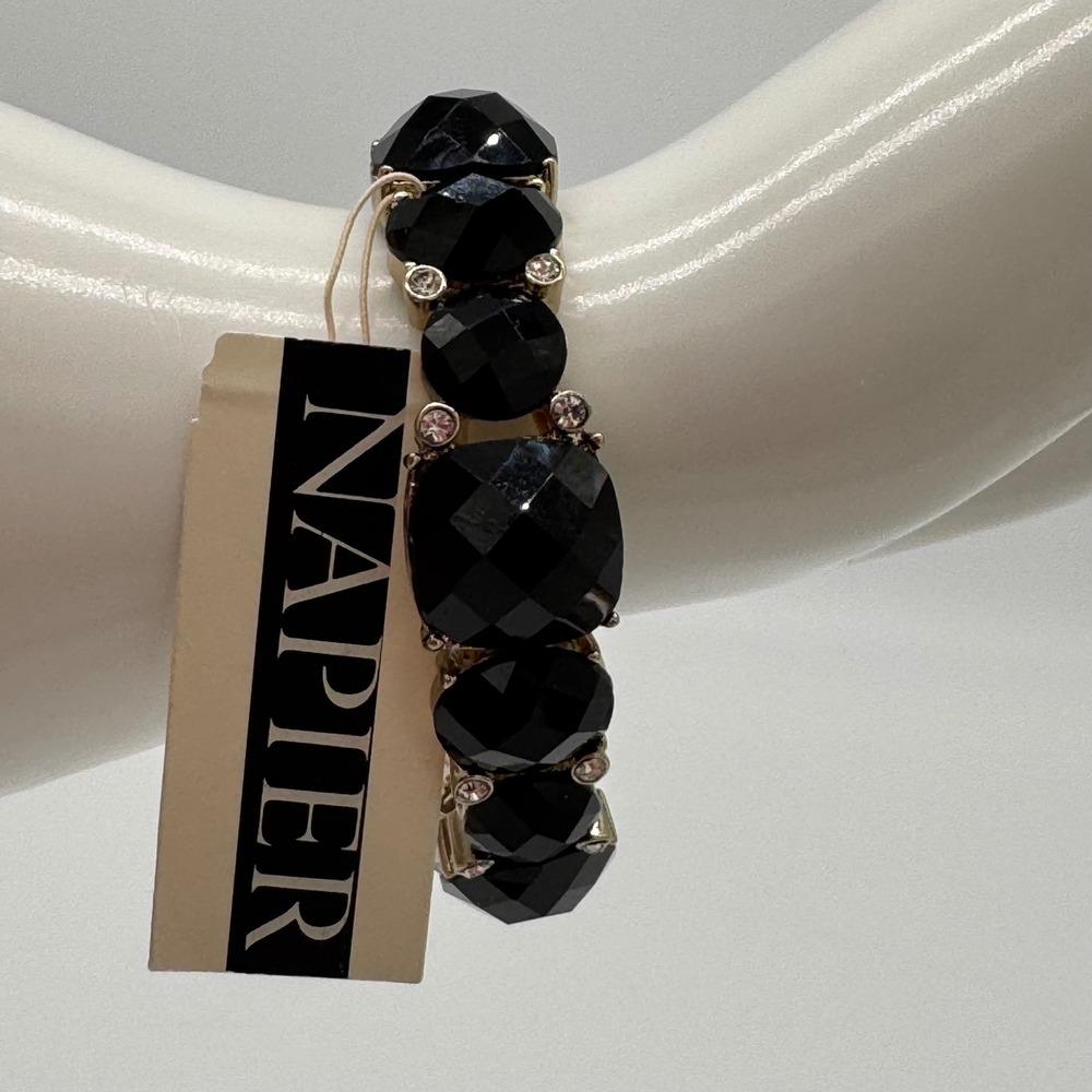 Vintage Napier Black Faceted Stretch Bracelet Rhinestone Chunky New With Tag